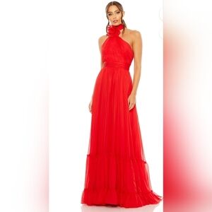 NWT! Ieena for Mac Duggal, Asymmetrical Halter Tiered A Line Gown, Red, Size 2